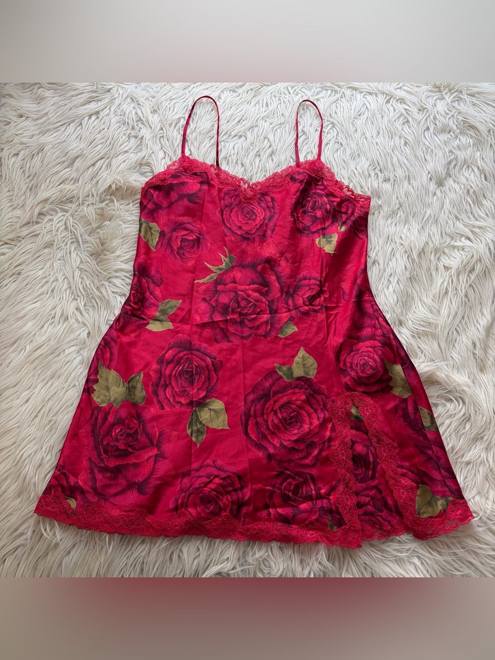 Vintage Y2K Victoria's Secret Satin Lace Mini Slip Dress Red Floral Slit Size S